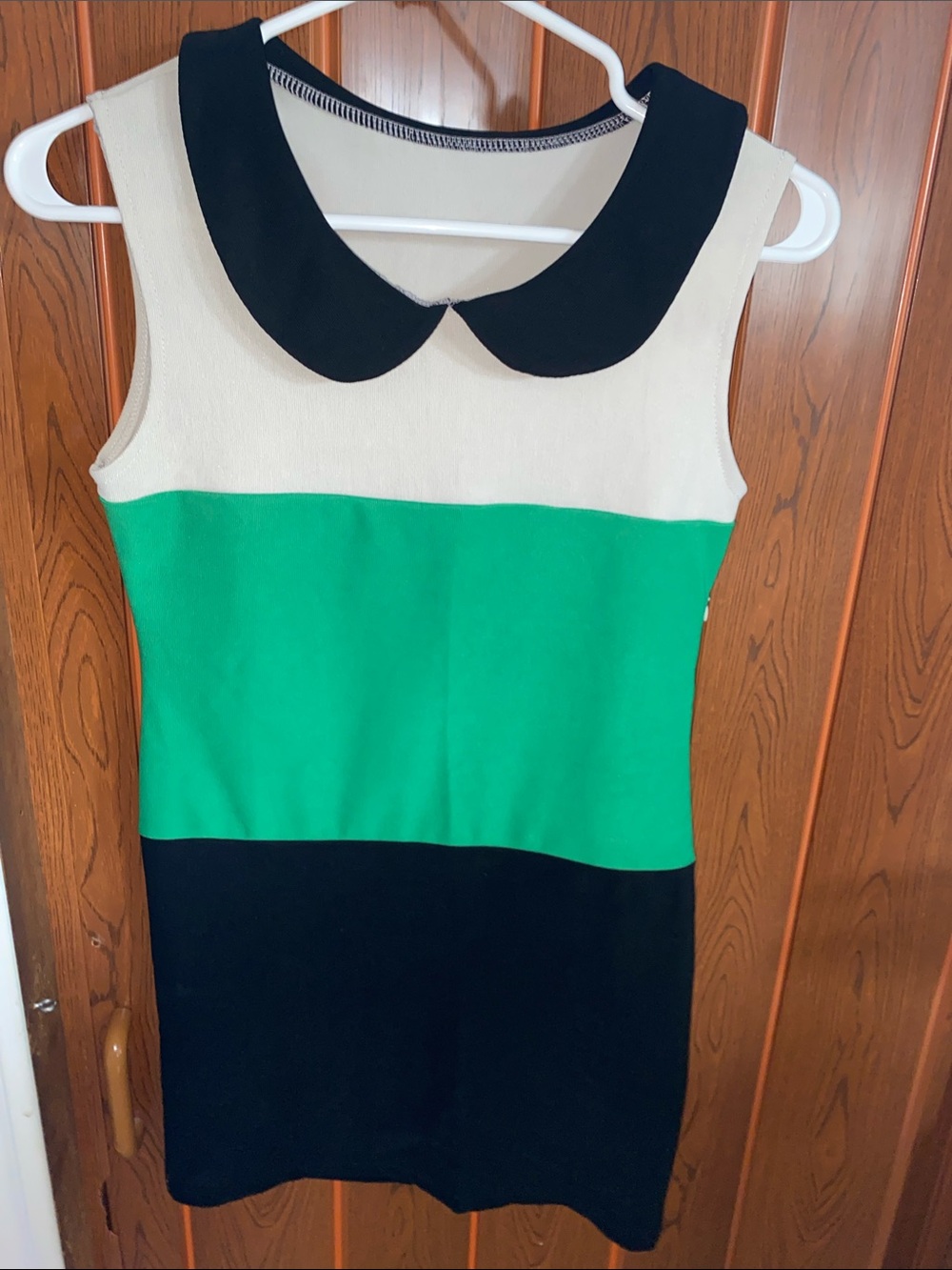 Vintage Sleeveless Colorblock Peter Pan Collar Dress - Green/Black/Cream